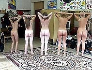 Humiliating PT exercises for five nude school girls - hard spanking and palm punishments