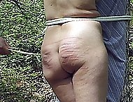 Naked girl tied to a tree in the forest and mercilessly caned - severely striped cheeks