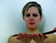 Naked blonde bombshell gets severe palm punishment with leather strap - hot tear stained cheeks